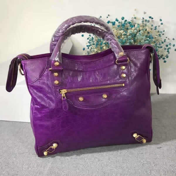 Fake Balenciaga Sheepskin Velo Bronze Nail Purple Handbags With Golden Hardware