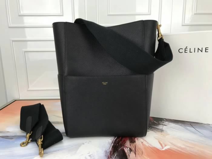 Replica Celine Seau Sangle Litchi Leather Black Shoulder Bags 180543