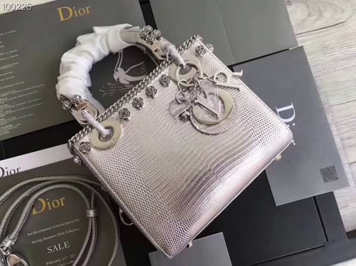 Replica Christian Dior Mini Lizard Leather Shoulder Strap Silver Handbags With 1:1 Quality