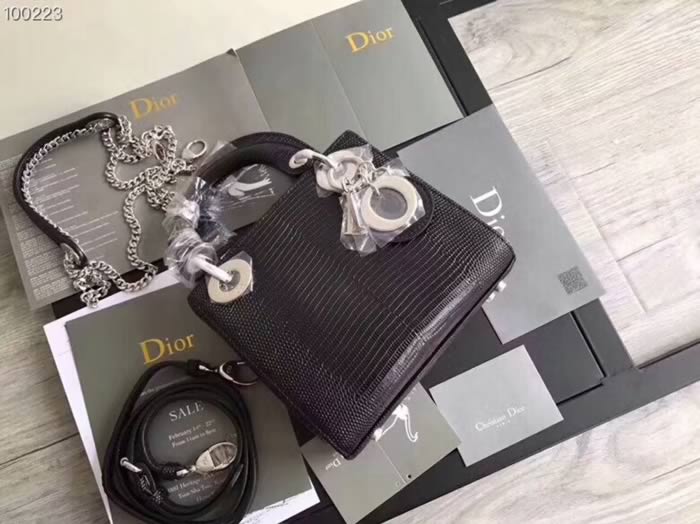 Replica Christian Dior Mini Lizard Leather Shoulder Strap Black Handbags With 1:1 Quality