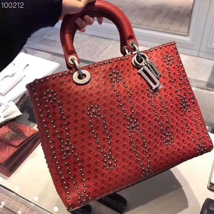 Replica Lady Dior Red Leather Handbags Rivet Pattern Vintage Silver Hardware
