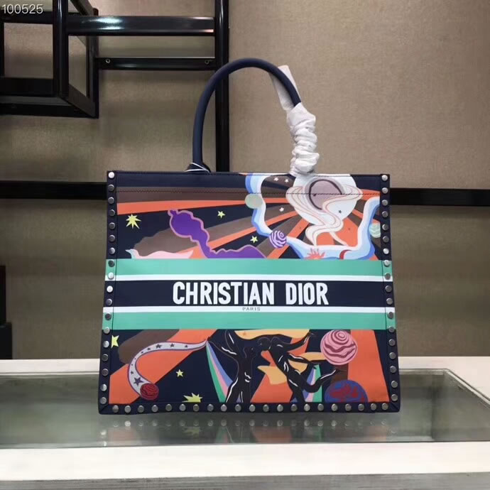 Fake Dior Book Tote Velvet Leather Studded Blue Tote Bags