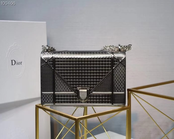 Fake Dior Diorama Cannage Metallic Clamshell Gray Silver Tote Bag