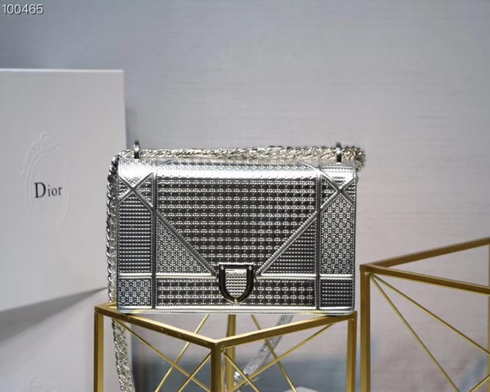 Fake Dior Diorama Cannage Metallic Clamshell Silver Tote Bag