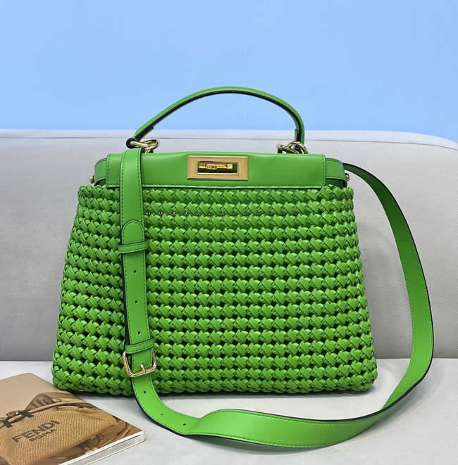 Fake Fendi New Peekaboo Sheepskin Woven Portable Green Messenger Bag 8269M