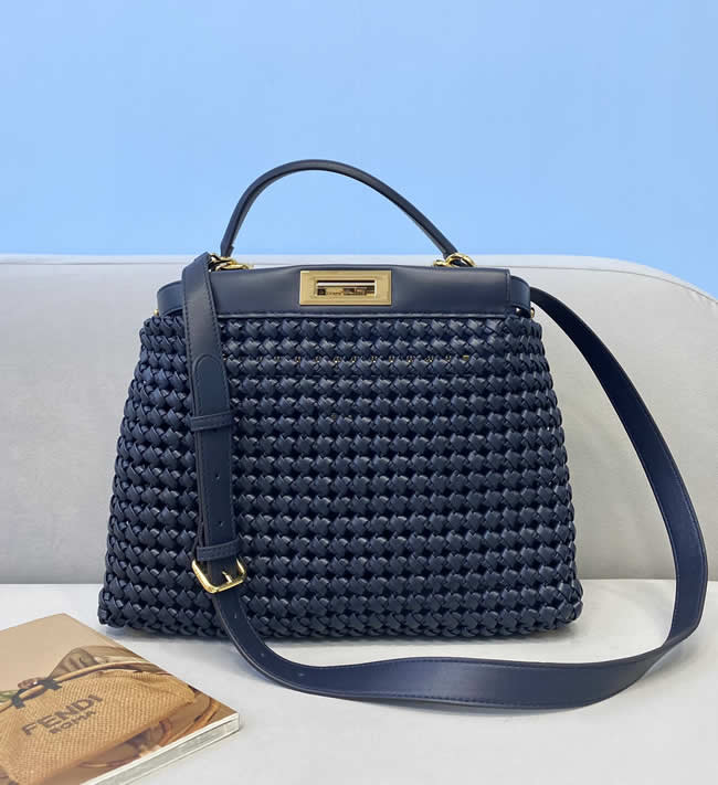 Fake Fendi New Peekaboo Sheepskin Woven Portable Blue Messenger Bag 8269M