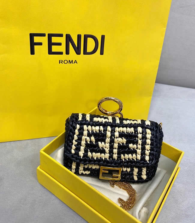 Fake Fendi Raffia Woven Black Mini Baguette Clutch Messenger Bag 8277