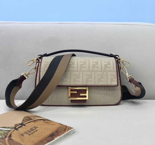 Fake Fendi Baguette Embroidered Khaki Flap Crossbody Bag 0159M