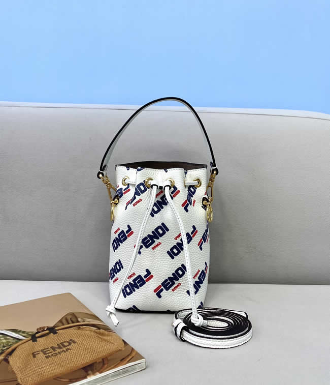 Replica Cheap Fendi Silk-Printed Fd Logo White Bucket Bag 031