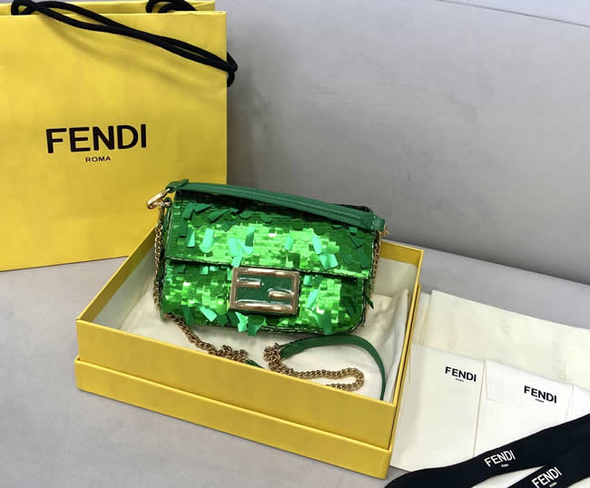 Replica Fendi Flap Mini Baguette Embellished Green Shoulder Bag 0127S