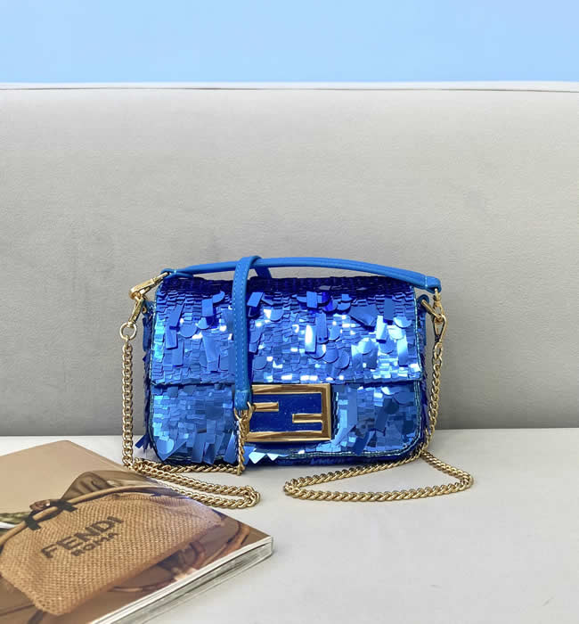 Replica Fendi Flap Mini Baguette Embellished Blue Shoulder Bag 0127S