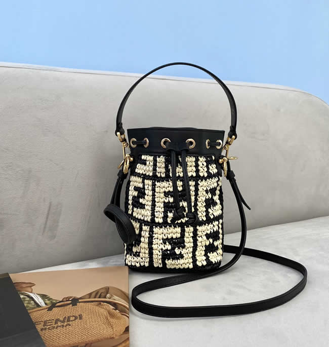 Replica Fendi Mon Tresor New Black Crimson Mini Bucket Bag Raffia Handmade Woven Bag 8278