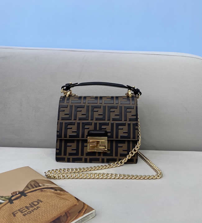 Fake Fendi Kani Classic Embossed Print Brown Flap Crossbody Bag 0508S