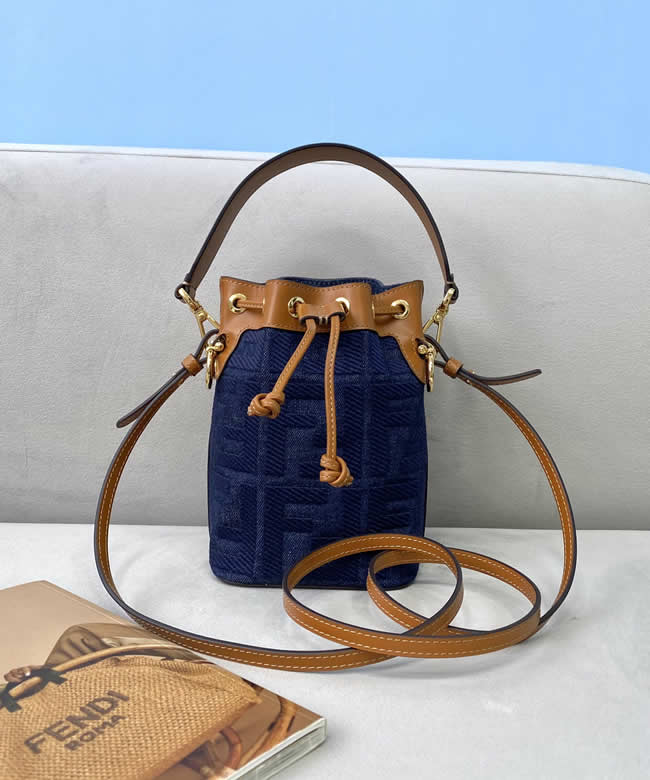 Fake Fendi Mini Bucket Bag Classic Ff Pattern Blue Crossbody Bag 038B