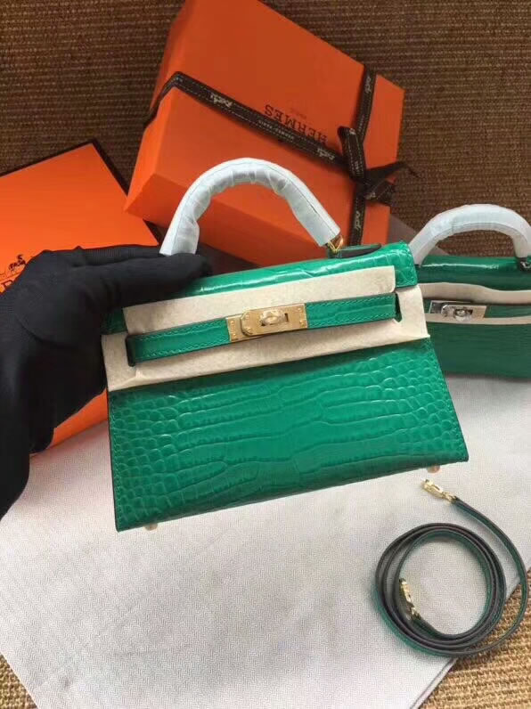 Replica Hermes Kelly Crocodile Pattern Cowhide Green Messenger Bags