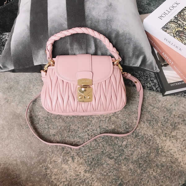 Fake Discount New Miu Miu Classic Sheepskin Woven Pink Leather Handbag 5BH188