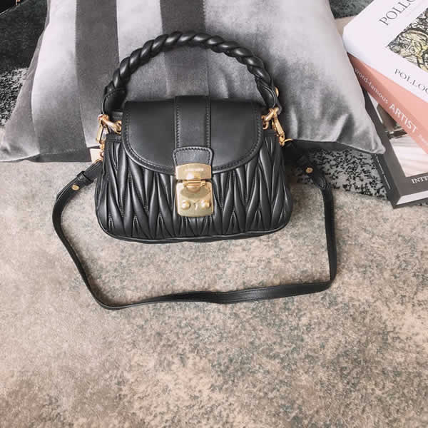 Fake Discount New Miu Miu Classic Sheepskin Woven Black Leather Handbag 5BH188
