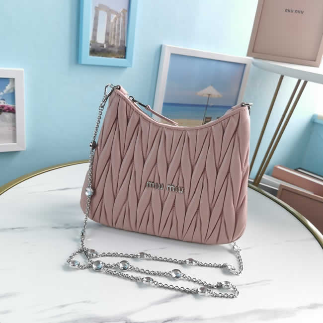 Replica New Miu Miu Semicircle Diamond Chain Bag Cloquet Pink One-Shoulder Messenger Bag 5BH189