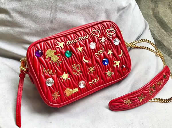 Fake Miu Miu Matelasse Crystal Color Stone Applique Decoration Red Messenger Bags 5Bh118