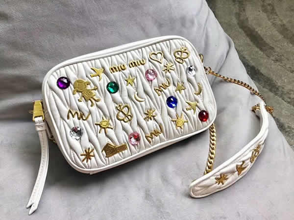 Fake Miu Miu Matelasse Crystal Color Stone Applique Decoration White Messenger Bags 5Bh118