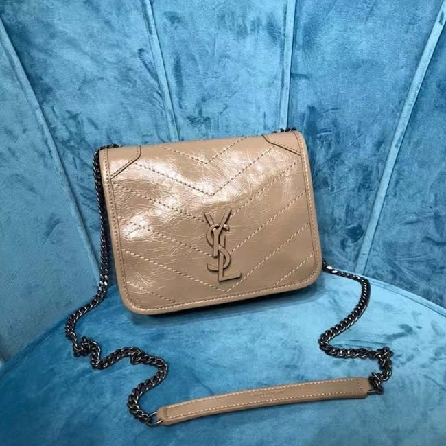 Fake Yves Saint Laurent Niki Chain Wallet In Crinkled Vintage Leather Khaki Crossbody Bag