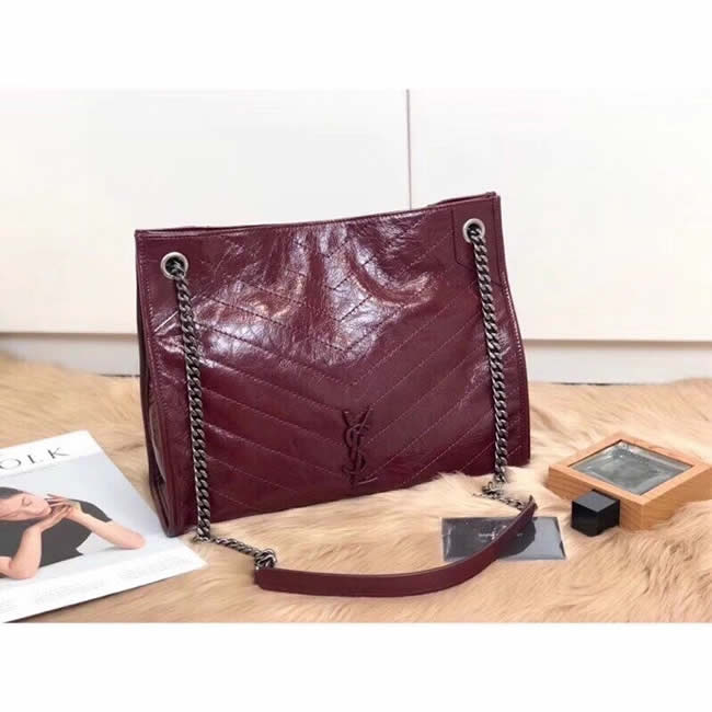 Fake Yves Saint Laurent Red Niki Medium Shopping Bag In Crinkled Vintage Leather