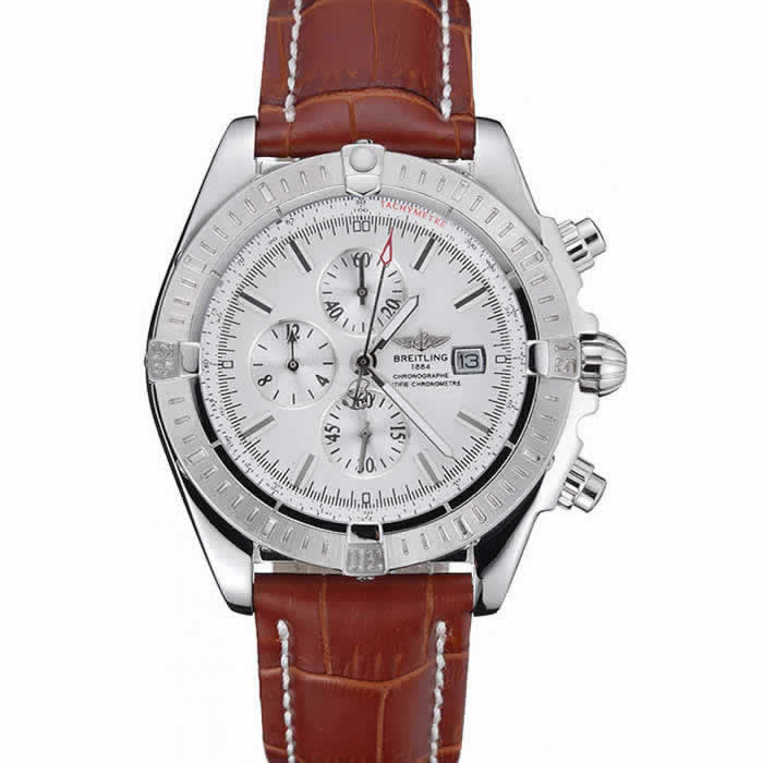 Breitling Chronomat 13 Stainless Steel Case White Dial Brown Leather Bracelet 622239