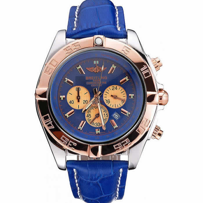 Breitling Chronomat Blue Dial Rose Gold Bezel And Subdials Stainless Steel Case Blue Leather Strap