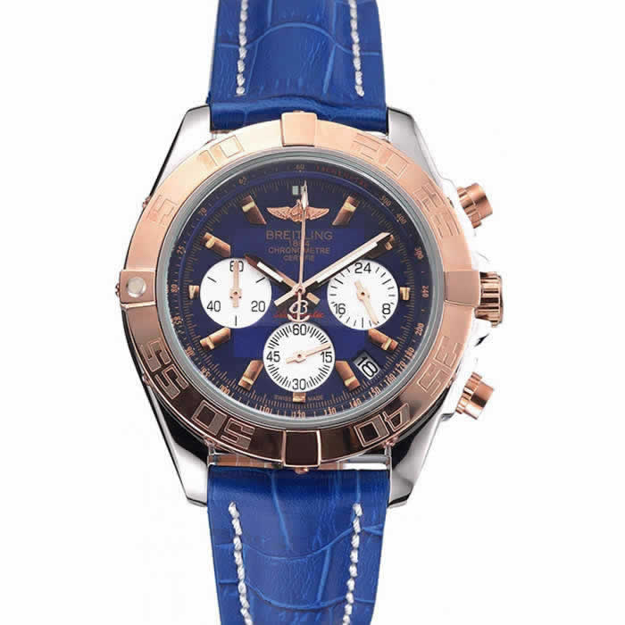 Breitling Chronomat Blue Dial Stainless Steel Case Gold Bezel Blue Leather Strap