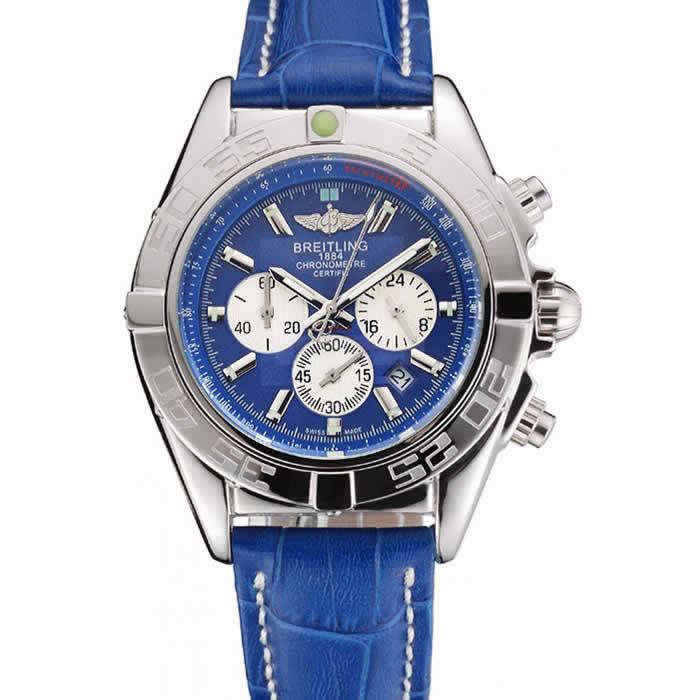 Breitling Chronomat Patrouille De France Blue Dial Stainless Steel Case Blue Leather Strap