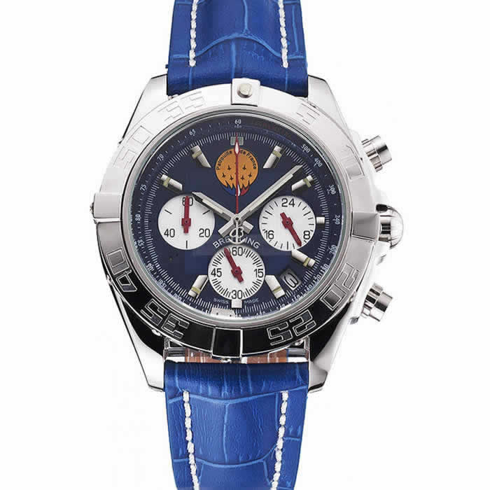 Breitling Chronomat Patrouille De France Blue Dial Stainless Steel Case Blue Leather Strap