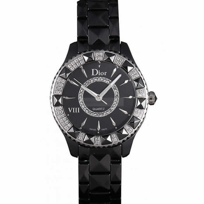 Dior VIII Diamond Encrusted Black Bezel Black Bracelet cd09 621362
