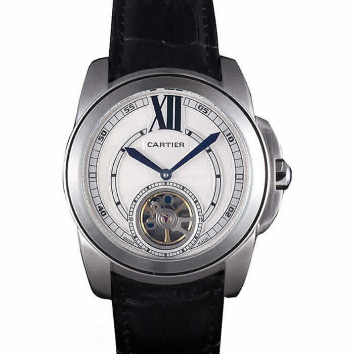 Cartier Calibre Flying Tourbillon White Dial Stainless Steel Case Black Leather Bracelet