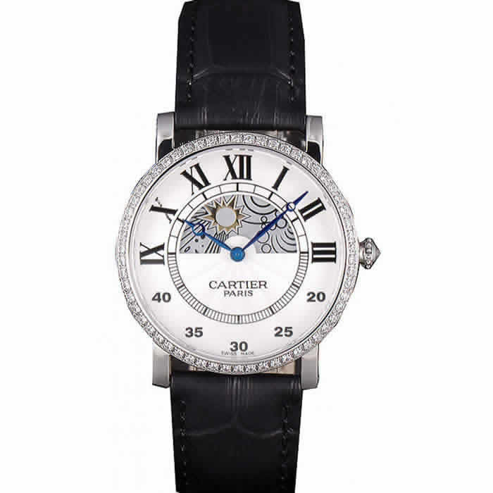 Cartier Moonphase Silver Watch with Black Leather Band ct255 621374