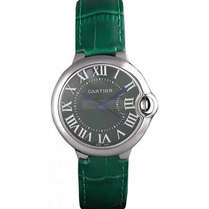 Cartier Ballon Bleu Silver Bezel with Green Dial and Green Leather Band   621553