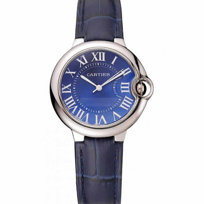 Cartier Ballon Bleu Silver Bezel with Dark Blue Dial and Dark Blue Leather Band   621555