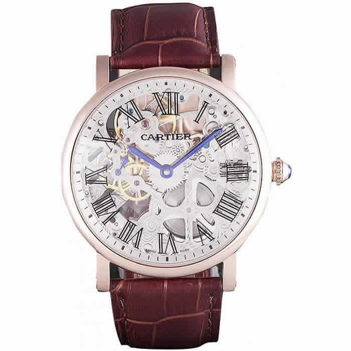 Cartier Luxury Skeleton Watch with Rose Gold Bezel and Brown Leather Band  621557