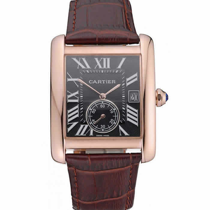 Cartier Tank MC Black Dial Gold Case Brown Leather Strap  622582