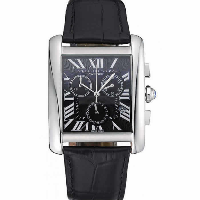 Cartier Tank MC Black Dial Stainless Steel Case Black Leather Bracelet  622690