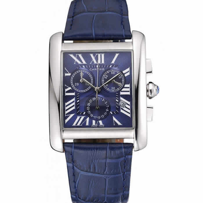 Cartier Tank MC Blue Dial Stainless Steel Case Blue Leather Bracelet  622691