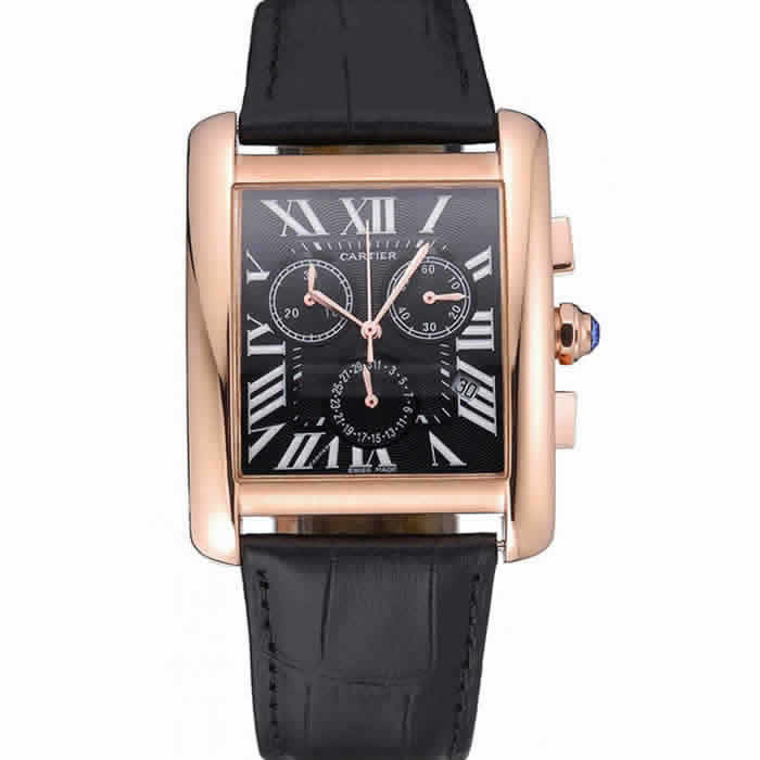 Cartier Tank MC Black Dial Gold Case Black Leather Bracelet  622694