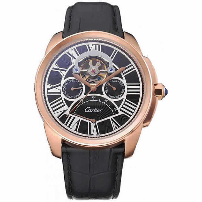 Cartier Calibre Tourbillon Black Dial Gold Case Black Leather Strap  622754