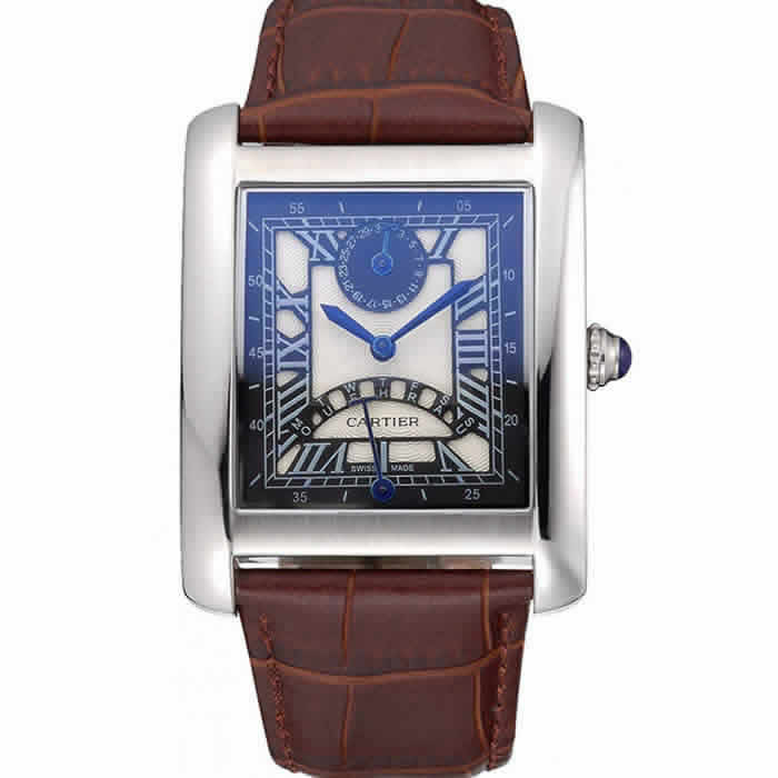 Cartier Tank Black And White Dial Stainless Steel Case Brown Leather Strap  622763