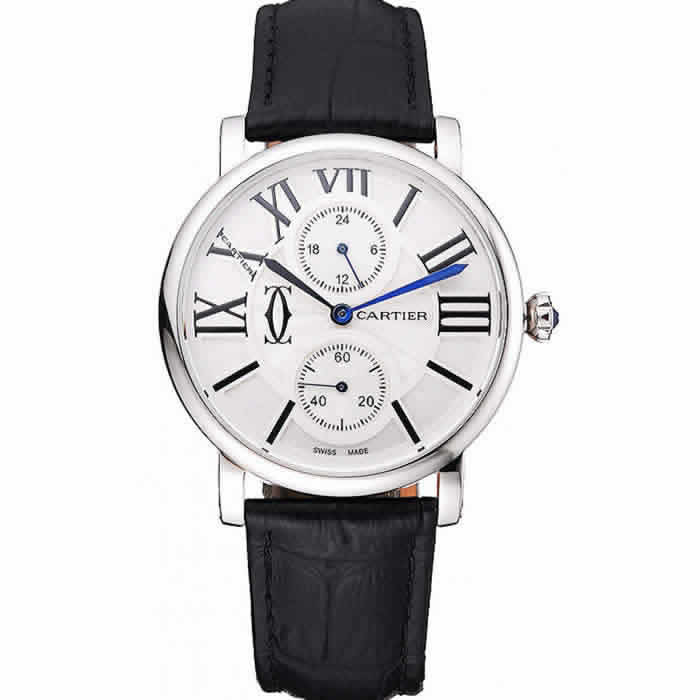 Cartier Ronde Second Time Zone White Dial Stainless Steel Case Black Leather Strap  622798