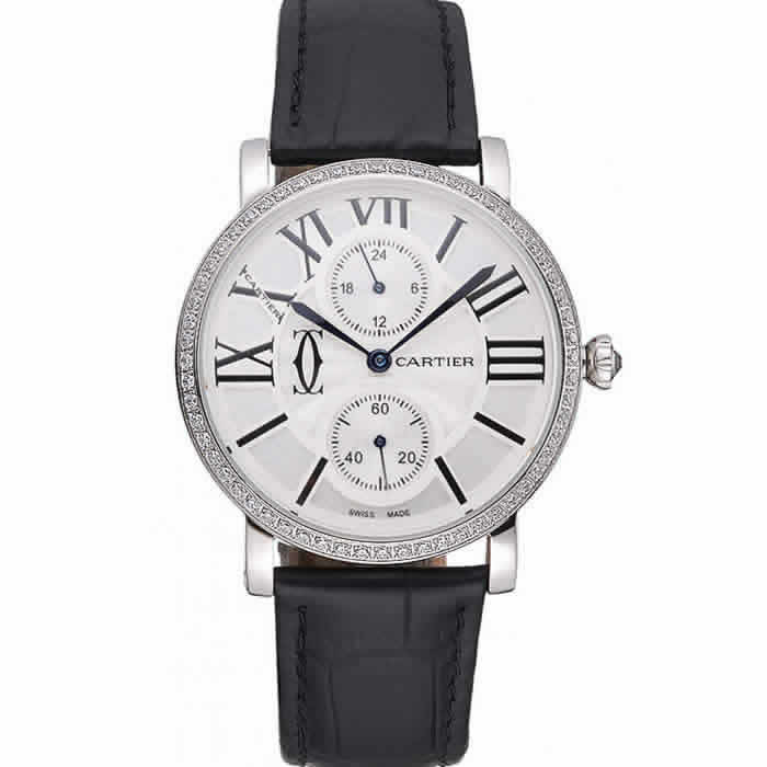 Cartier Ronde Second Time Zone White Dial Stainless Steel Case With Diamonds Black Leather Strap  622804