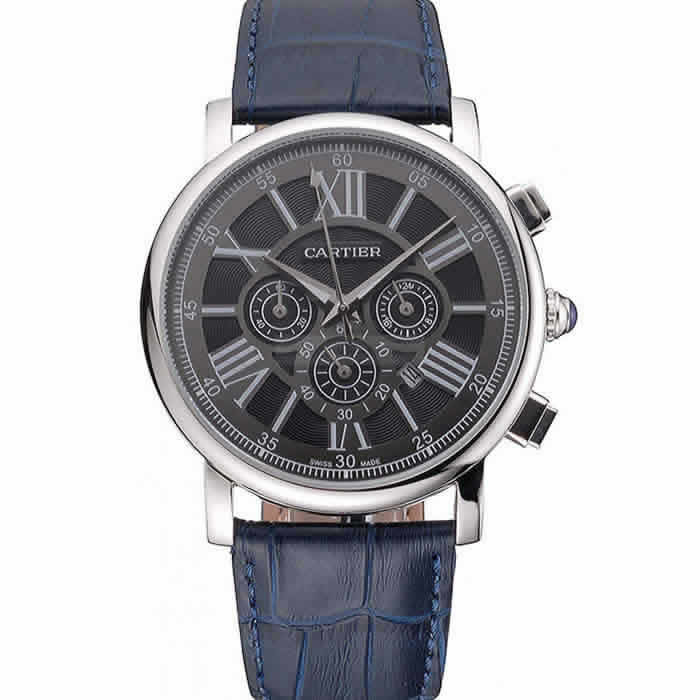 Cartier Rotonde Chronograph Black Dial Stainless Steel Case Blue Leather Strap