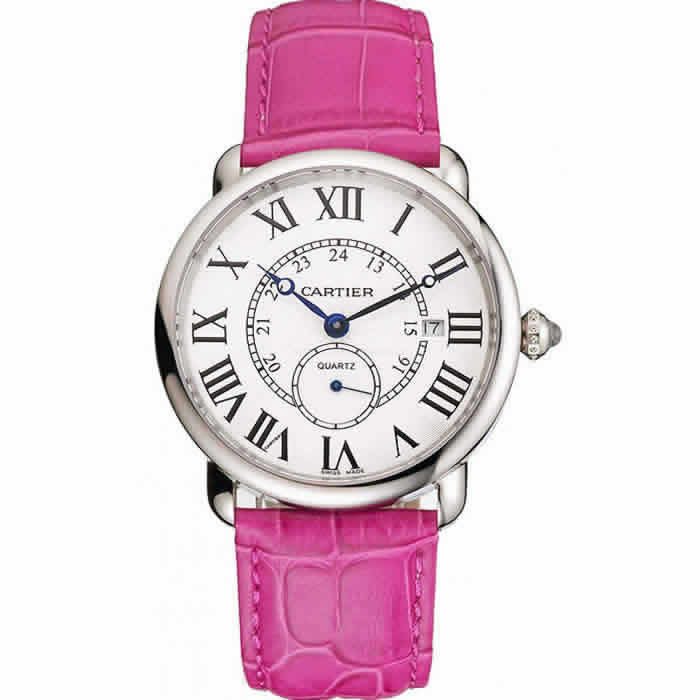 Cartier Ronde Louis Cartier White Dial Stainless Steel Case Fuchsia Leather Strap