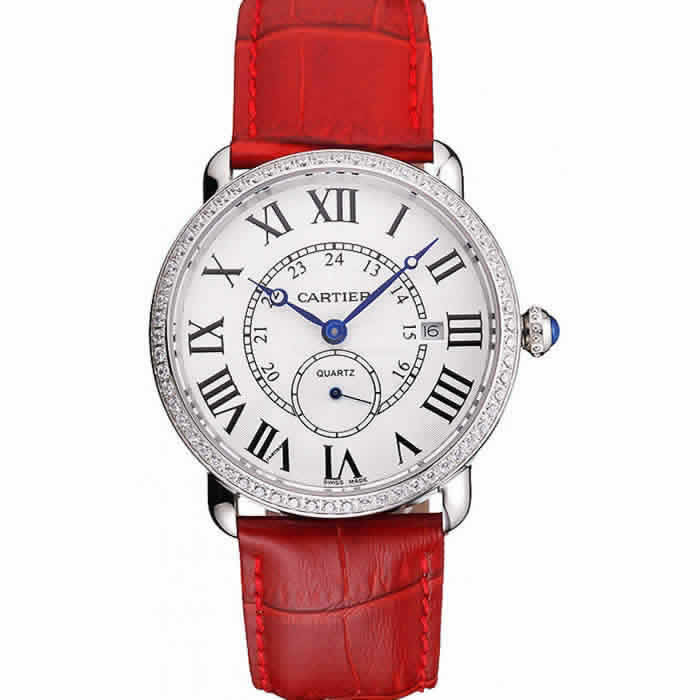 Cartier Ronde Louis Cartier White Dial Stainless Steel Case Diamond Bezel Red Leather Strap