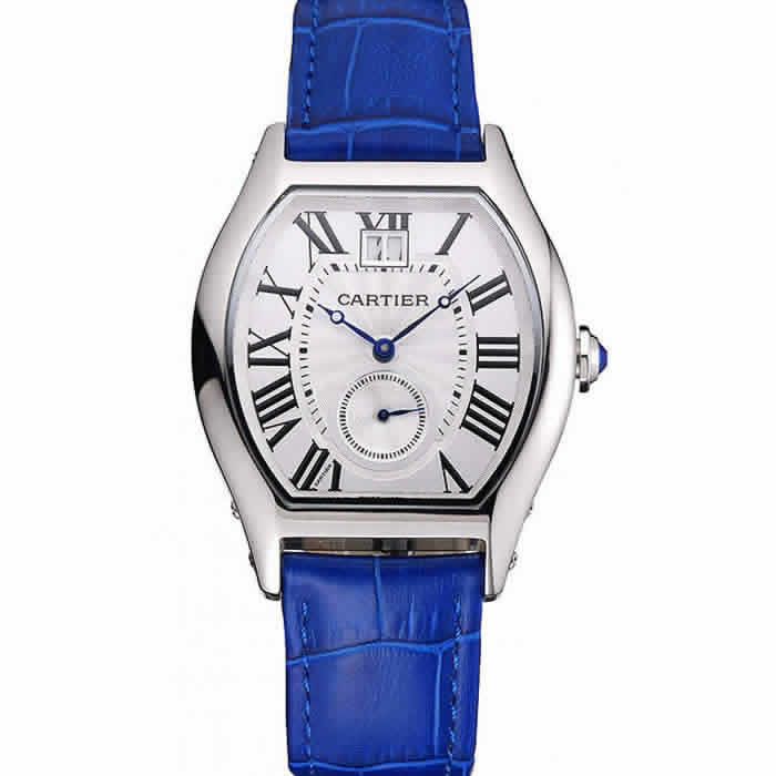 Cartier Tortue Large Date White Dial Stainless Steel Case Blue Leather Strap