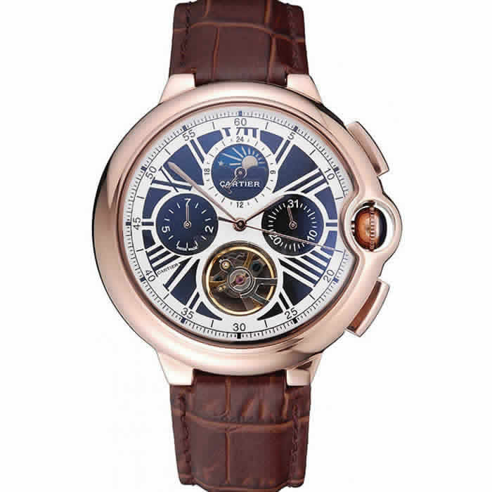 Cartier Ballon Bleu Flying Tourbillon Chronograph White Dial Rose Gold Case Brown Leather Strap